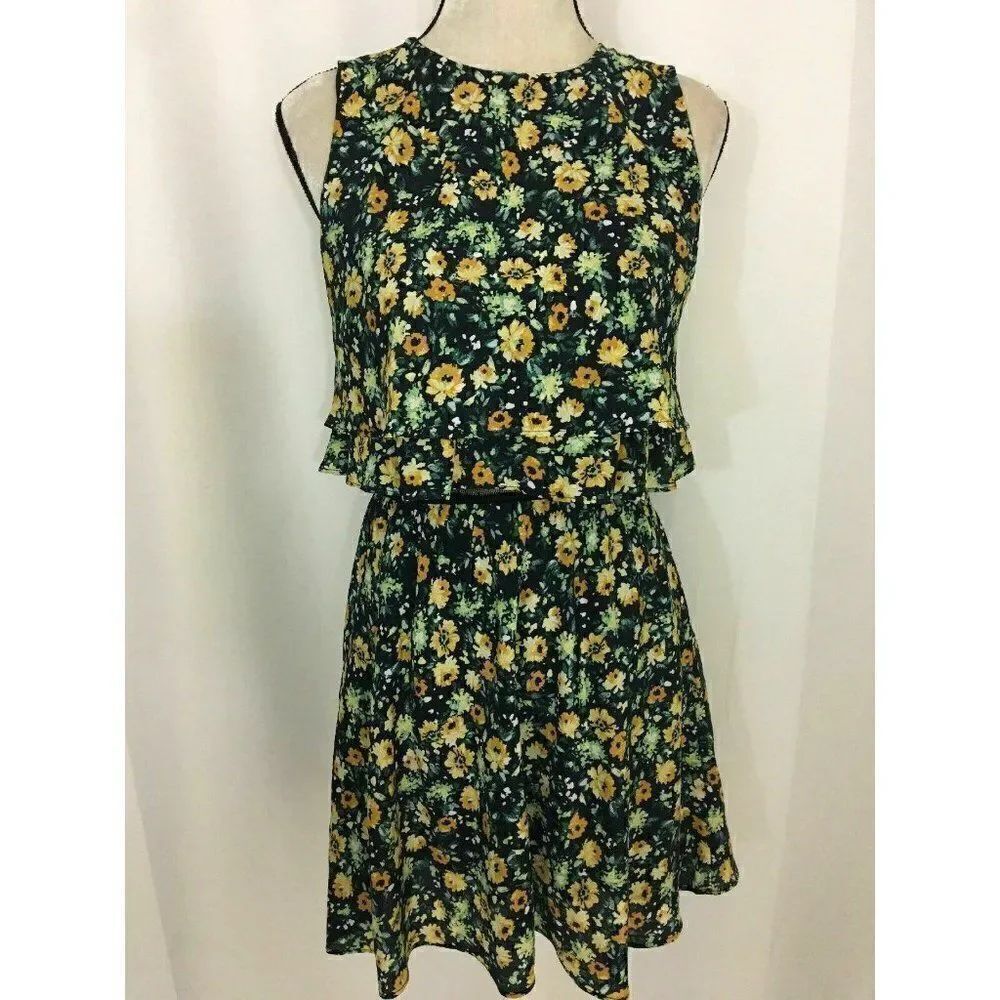 Zara Womens Yellow Black Green Floral Tank Mini Dress Small